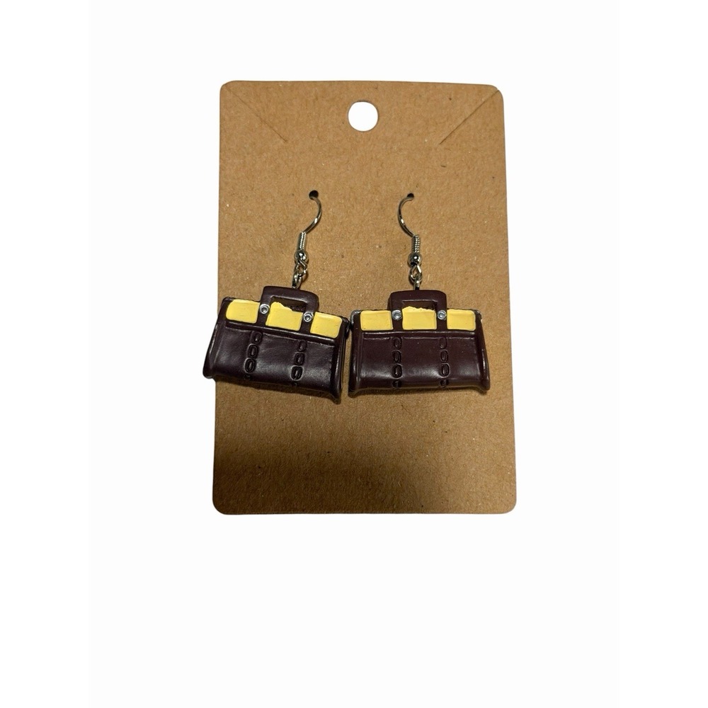 Handmade Briefcase Drop‎ Earrings Brown Yellow Office Teacher Quirky Dangle Tool